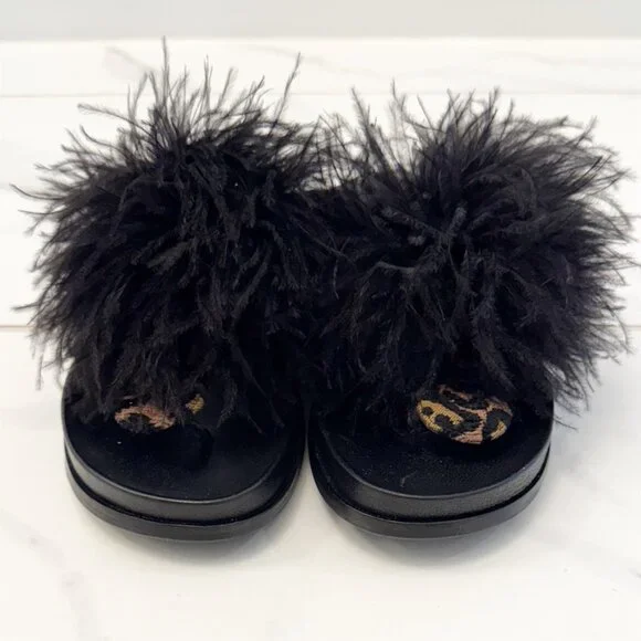 Aquazzura Boudoir Feather-Trimmed Black Animal Print Thong Sandals 7.5 - Picture 3 of 11